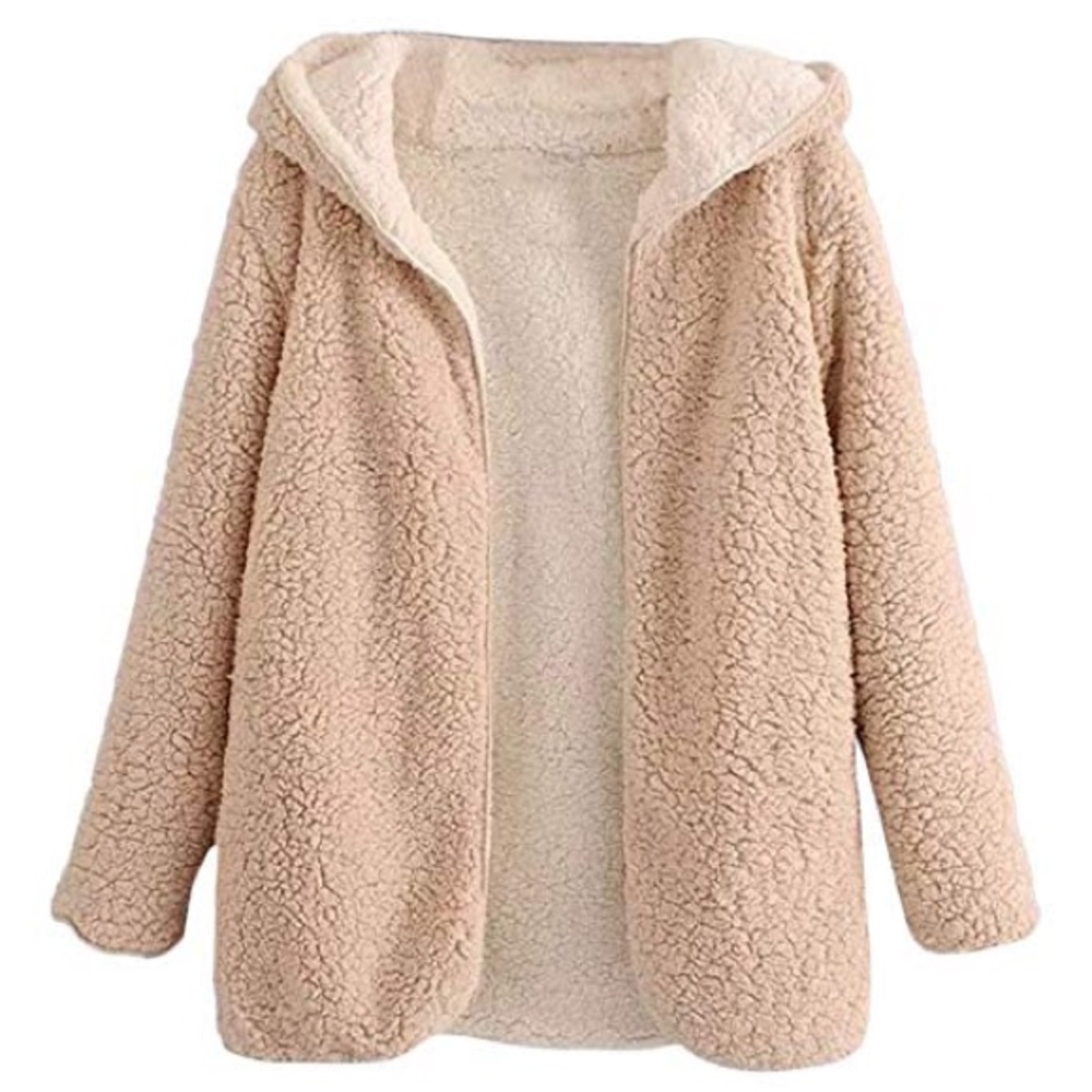 Hooded Open Front Lamb Wool Teddy Coat.